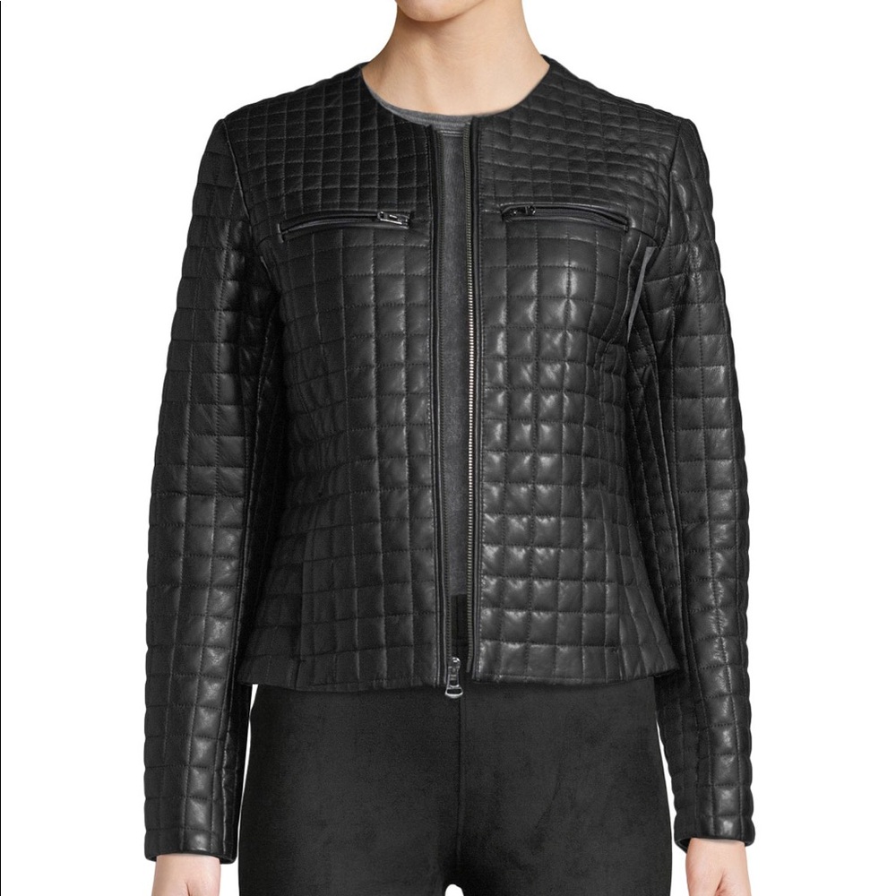 Cole Haan Quilted Collarless Leather Moto Jacket M